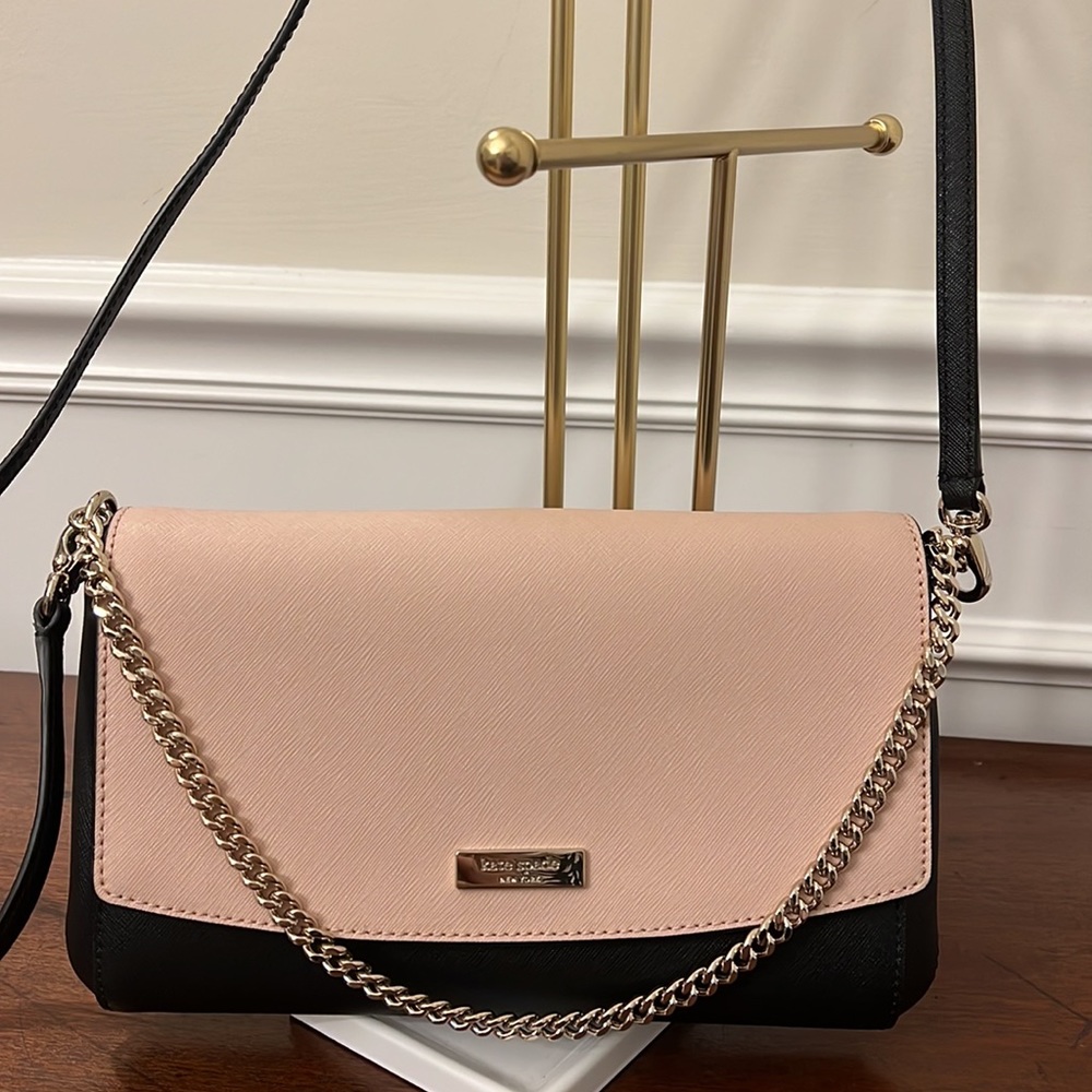 Kate Spade Laurel Way Greer Leather & Chain Crossbody Black with Rose Smoke Flap
